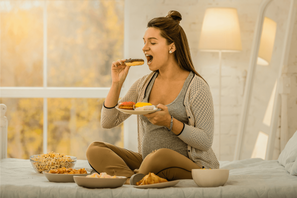 Pregnant woman sitting cross-legged on a bed with multiple plates of food in front of her. She's holding a plate and taking a bite of food.