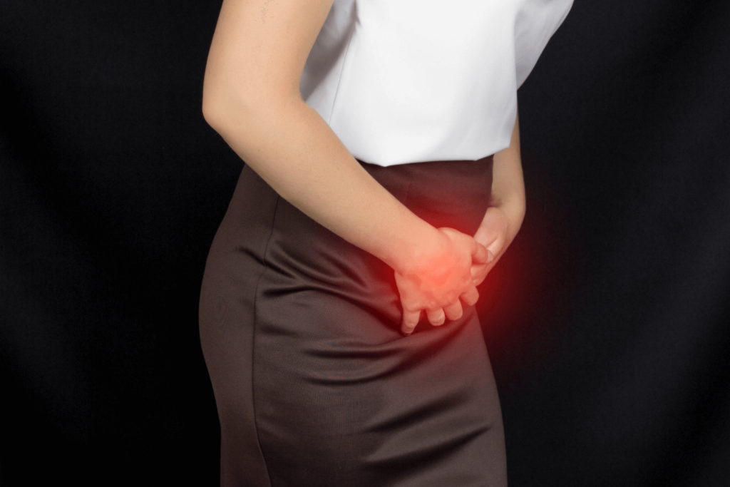 woman holding her lower abdominal area in pain
