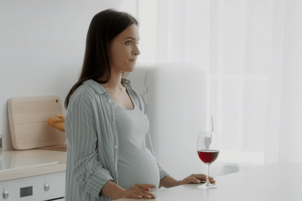 pregnant woman standing at a table with a glass of wine